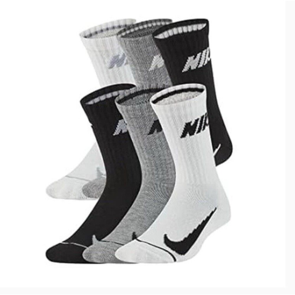 NIKE Boys Cushioned Crew Socks (6 Pairs) Sz 4-5 Fits Youth Shoe Sz 7C-10C Multi